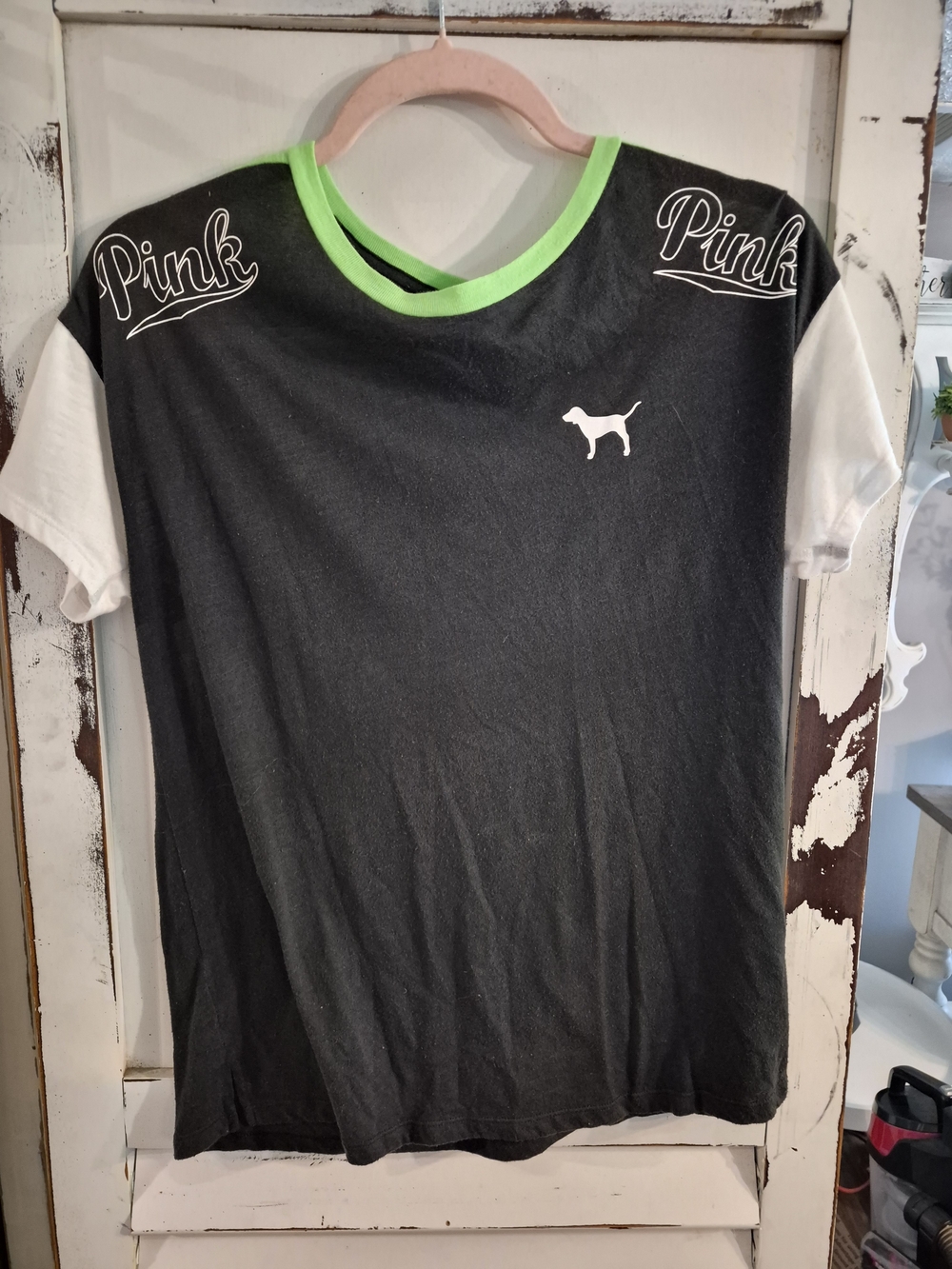 PINK Victoria's Secret Black & White Tee with Lime Trim